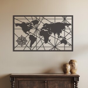 Art mural carte du monde, décoration murale boussole, suspension murale en métal, grande carte du monde pour la maison et le bureau, décoration murale de salon, décoration de bureau