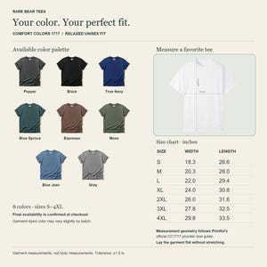 May include: A color palette and size chart for Comfort Colors 1717 t-shirts. The palette displays eight colors: Pepper, Black, True Navy, Blue Spruce, Espresso, Moss, Blue Jean, and Grey. A white t-shirt diagram shows width and length measurements.