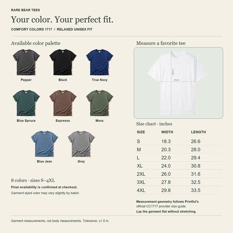 May include: A color palette and size chart for Comfort Colors 1717 t-shirts. The palette displays eight colors: Pepper, Black, True Navy, Blue Spruce, Espresso, Moss, Blue Jean, and Grey. A white t-shirt diagram shows width and length measurements.
