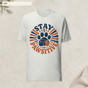 May include: An ash gray short-sleeve t-shirt featuring a circular graphic with radiating blue and orange lines. The design includes a central paw print containing silhouettes of a dog and a cat, with the text STAY PAWSITIVE printed around it.