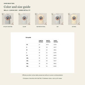 May include: A color and size guide for Bella + Canvas 3001 unisex t-shirts by Rare Bear Tees. It displays five shirt colors: athletic heather, silver, heather natural, ash, and natural. A table lists length, width, and chest measurements in inches.