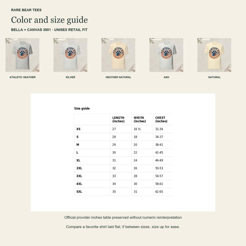 May include: A color and size guide for Bella + Canvas 3001 unisex t-shirts by Rare Bear Tees. It displays five shirt colors: athletic heather, silver, heather natural, ash, and natural. A table lists length, width, and chest measurements in inches.