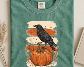 Koszula w kolorach Crow and Pumpkin Comfort, grafika z jesiennymi ptakami w stylu vintage