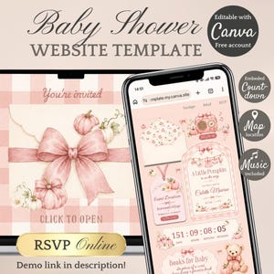 Puede incluir: Una plantilla de sitio web digital para baby shower mostrada en una pantalla de computadora portátil y teléfono inteligente. El diseño presenta un patrón de cuadros rosa y blanco, calabazas en acuarela y un gran lazo rosa. Texto Baby Shower Website Template.