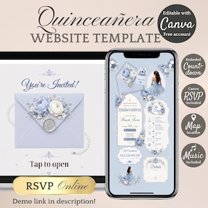 May include: A digital Quinceañera website template displayed on a laptop and smartphone screen. The design features light blue envelopes, floral accents, and text including Quinceañera, You're Invited, Tap to open, and RSVP Online. Includes icons for countdown, RSVP, map, and music.