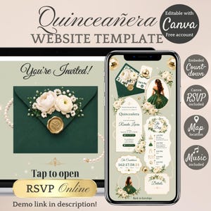 Peut inclure: Un modèle de site web numérique pour Quinceañera présentant une enveloppe vert foncé avec des accents floraux blancs et un sceau en cire doré. Le design inclut une interface mobile affichant les détails de l'événement, un compte à rebours et RSVP.
