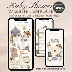 May include: Three smartphones displaying a baby shower website template with a western theme. The screens feature watercolor illustrations of cowboy hats, boots, cacti, and envelopes with text including "A little COWBOY is on the way" and "YOU'RE INVITED."