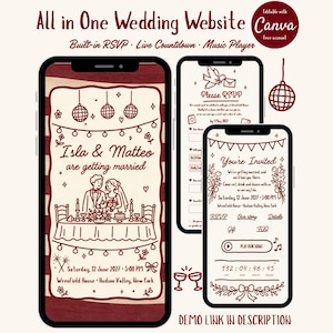 Puede incluir: Tres teléfonos inteligentes muestran una plantilla de sitio web de bodas digital con líneas de color rojo oscuro sobre un fondo crema. Las pantallas muestran texto como Isla & Matteo are getting married, RSVP, You're Invited y un temporizador.