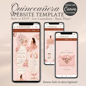 Pode incluir: Um modelo de site para Quinceañera exibido em três smartphones, com um tema floral rosa e dourado e texto incluindo Quinceañera, You're Invited e uma contagem regressiva. O design inclui RSVP, reprodutor de música e detalhes do evento.