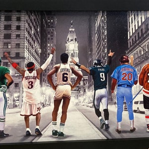 Philadelphia’s great players in the street . Multiple sports. Painting reprint 12” x 18” horizontal. Black frame free shipping.