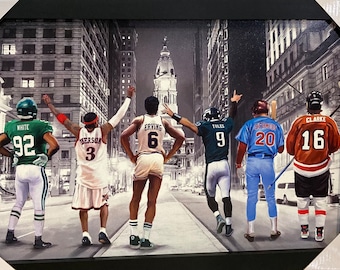 Philadelphia’s great players in the street . Multiple sports. Painting reprint 12” x 18” horizontal. Black frame free shipping.