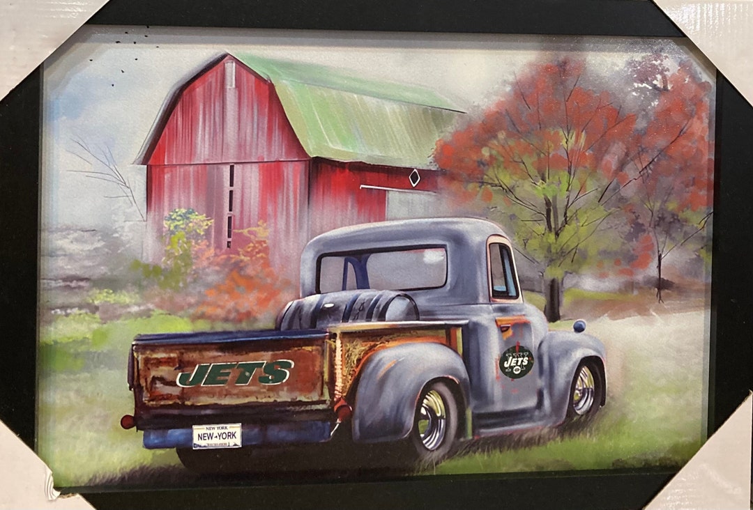 Old New York Jets Truck Parked Outside of Barn . Painting Reprint. 12 X