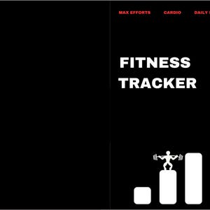 May include: Black and white fitness tracker with the text "FITNESS TRACKER" and a graphic of a person lifting weights on a bar chart.