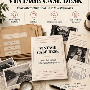 May include: A printable mystery game collection titled Vintage Case Desk featuring four interactive cold case investigations. Includes four brown file folders, black and white photographs, a floor plan, a magnifying glass, and a black pen.