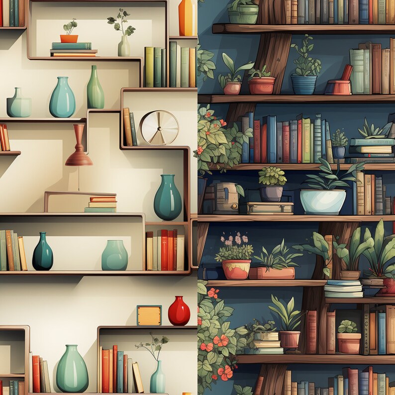 Seamless Bookshelf Patterns Bookcase Printable Minimalist Etsy