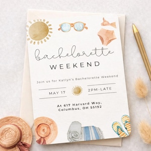 May include: A beach-themed bachelorette weekend invitation. The invitation features watercolor illustrations of sunglasses, a bikini, a sun, a beach towel, flip-flops, and a sun hat. The text reads "bachelorette weekend" and includes event details.
