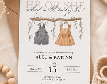 May include: A gender reveal invitation with the text "HE OR SHE what will baby be?" features watercolor illustrations of baby clothes. The invitation includes the names Alec & Katlyn, date, time, and RSVP information.