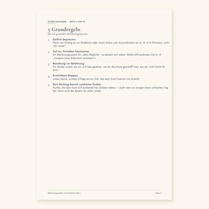 May include: A white informational page titled 5 Grundregeln for a reward system. The text outlines five rules for parents, including setting time limits, focusing on specific behaviors, prioritizing relationships, setting goals, and maintaining earned points.
