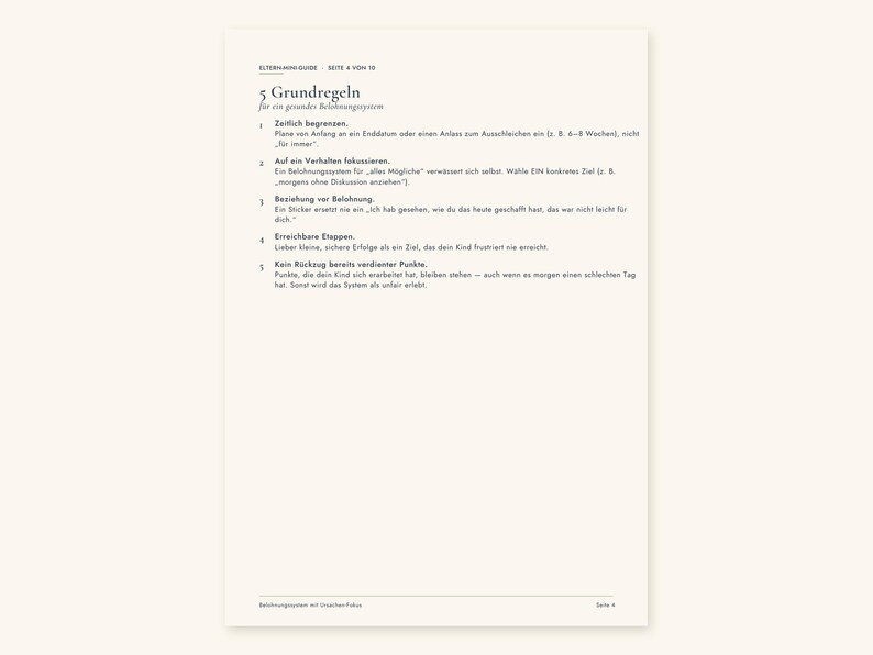 May include: A white informational page titled 5 Grundregeln for a reward system. The text outlines five rules for parents, including setting time limits, focusing on specific behaviors, prioritizing relationships, setting goals, and maintaining earned points.