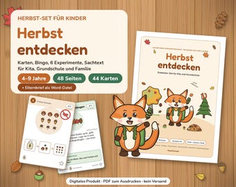 May include: A digital autumn-themed educational set for children titled Herbst entdecken, featuring a fox character, activity cards, bingo, and experiments. The printable PDF includes 48 pages and 44 cards, designed for ages 4-9, with text in German and illustrations of forest elements.