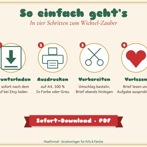 以下が含まれることがあります： So einfach geht'sというタイトルのデジタルダウンロード用4ステップ説明図。ダウンロード矢印、プリンター、ハサミ、赤いハートのアイコンが含まれています。テキストにはHerunterladen、Ausdrucken、Vorbereiten、Vorlesen、Sofort-Download PDFが含まれています。