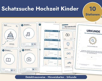 May include: A printable wedding scavenger hunt kit for children featuring ten stations. The set includes clue cards with line art icons, detective ID badges, a checklist titled Was hast du entdeckt, and a certificate titled Urkunde for wedding detectives.