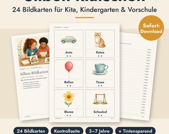 May include: A set of educational flashcards titled Silben klatschen featuring 24 cards for children. The cards display illustrations of an auto, cat, balloon, cup, flower, and swing with corresponding words and dots indicating syllable counts.