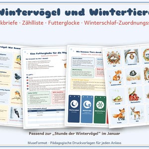 Op de afbeelding: Educatieve printbare set getiteld Winterv&ouml;gel und Wintertiere met vogelidentificatiekaarten, een handleiding voor een voederklok, informatie over winterslaap en een bijpassend spel met illustraties van winterdieren.