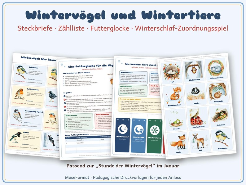 Op de afbeelding: Educatieve printbare set getiteld Winterv&ouml;gel und Wintertiere met vogelidentificatiekaarten, een handleiding voor een voederklok, informatie over winterslaap en een bijpassend spel met illustraties van winterdieren.