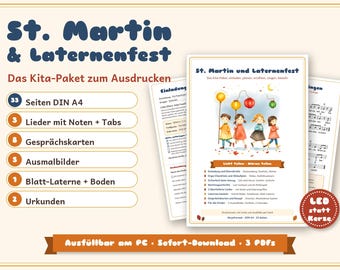 May include: A digital printable kit for St. Martin and Lantern Festival featuring 33 A4 pages, including songs with notes, discussion cards, coloring pages, a paper lantern template, and certificates, displayed with a colorful illustration.