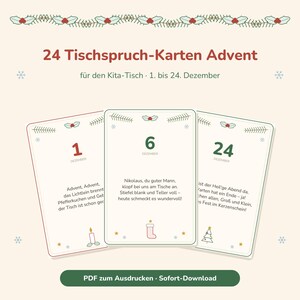 May include: A set of 24 printable cards titled 24 Tischspruch-Karten Advent for the Kita-Tisch, 1. bis 24. Dezember. Each card features a numbered date, a German holiday poem, and small festive illustrations like candles, stockings, and trees.