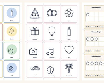 May include: A set of educational printable activity sheets titled Hochzeits-Lernspiele featuring illustrations of wedding-themed icons, counting grids with ten-frames, and letter-matching cards with colorful borders and simple line art graphics.