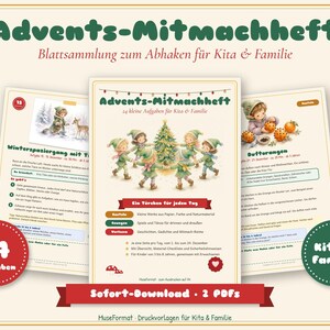 May include: A digital activity booklet titled Advents-Mitmachheft featuring 24 tasks for children. The cover displays illustrations of children dancing around a Christmas tree, with additional pages showing winter scenes and craft instructions.