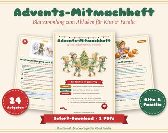 May include: A digital activity booklet titled Advents-Mitmachheft featuring 24 tasks for children. The cover displays illustrations of children dancing around a Christmas tree, with additional pages showing winter scenes and craft instructions.