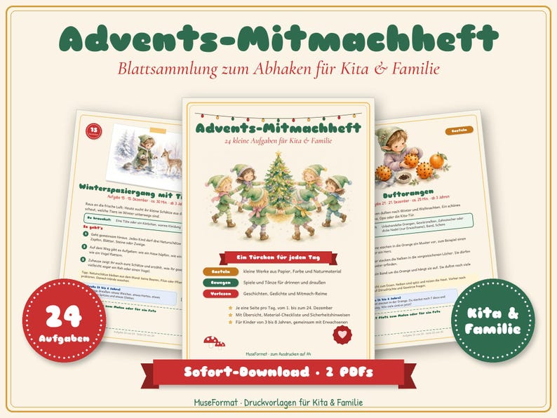 May include: A digital activity booklet titled Advents-Mitmachheft featuring 24 tasks for children. The cover displays illustrations of children dancing around a Christmas tree, with additional pages showing winter scenes and craft instructions.