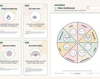 May include: A set of educational activity sheets titled Die ruhige Minute and Ruhige Ecke, featuring a feelings wheel, illustrated cards with tasks like Fingerwandern and Blumen zählen, and a graphic of a child relaxing in a tent with headphones.