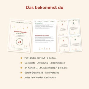May include: A printable Advent calendar set for a table, featuring a cover page, instructions, and 24 numbered cards. The text includes 'Adventskalender f&uuml;r den Kita-Tisch', 'So funktioniert's', and 'Bastelidee: Der Tisch-Kalender'.
