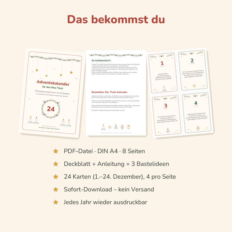 May include: A printable Advent calendar set for a table, featuring a cover page, instructions, and 24 numbered cards. The text includes 'Adventskalender f&uuml;r den Kita-Tisch', 'So funktioniert's', and 'Bastelidee: Der Tisch-Kalender'.