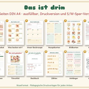 May include: A collection of 26 printable DIN A4 pages for baking activities, featuring the title Das ist drin. The set includes recipe planners, ingredient cards, counting sheets, tags, and colouring pages with illustrations of children baking cookies.