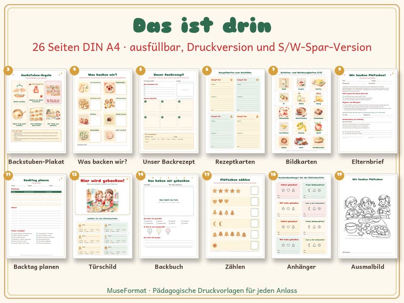 May include: A collection of 26 printable DIN A4 pages for baking activities, featuring the title Das ist drin. The set includes recipe planners, ingredient cards, counting sheets, tags, and colouring pages with illustrations of children baking cookies.
