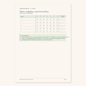 May include: A printed reward chart on cream paper titled Meine Aufgaben, mein Fortschritt. It features a table with five numbered rows for tasks, columns for days of the week with checkboxes, and a column for points. Includes instructional text.