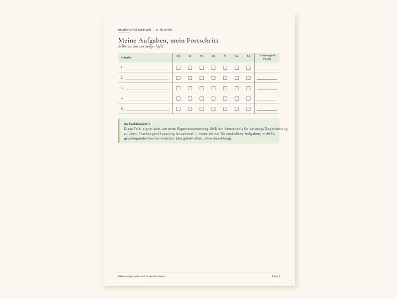 May include: A printed reward chart on cream paper titled Meine Aufgaben, mein Fortschritt. It features a table with five numbered rows for tasks, columns for days of the week with checkboxes, and a column for points. Includes instructional text.