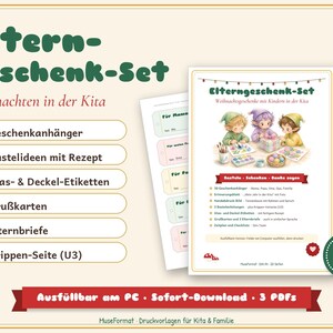 May include: A digital printable set titled Eltern-geschenk-Set featuring 30 gift tags, 3 craft ideas with recipes, 8 jar and lid labels, 8 greeting cards, 3 parent letters, and 1 nursery page. The documents include illustrations of three elves crafting.
