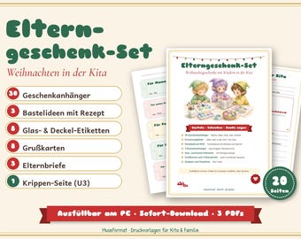 May include: A digital printable set titled Eltern-geschenk-Set featuring 30 gift tags, 3 craft ideas with recipes, 8 jar and lid labels, 8 greeting cards, 3 parent letters, and 1 nursery page. The documents include illustrations of three elves crafting.