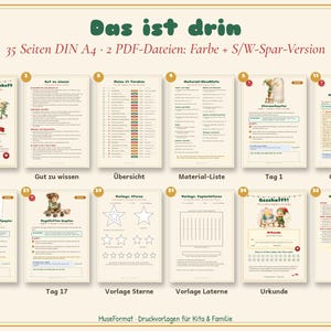 May include: A digital activity set titled Das ist drin featuring 35 DIN A4 pages in two PDF files, colour and black and white. The set includes a title page, information sheets, material lists, daily activity pages, star and lantern templates, and a certificate.