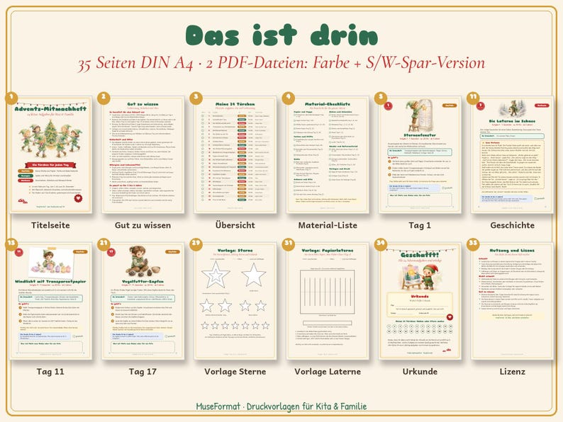 May include: A digital activity set titled Das ist drin featuring 35 DIN A4 pages in two PDF files, colour and black and white. The set includes a title page, information sheets, material lists, daily activity pages, star and lantern templates, and a certificate.