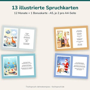 May include: A set of 13 illustrated cards titled 13 illustrierte Spruchkarten, featuring 12 months plus one bonus card. Each card displays a watercolor scene alongside German text, including depictions of animals, a kitchen, fish, and Santa Claus.