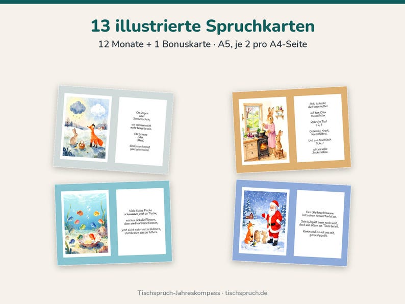 May include: A set of 13 illustrated cards titled 13 illustrierte Spruchkarten, featuring 12 months plus one bonus card. Each card displays a watercolor scene alongside German text, including depictions of animals, a kitchen, fish, and Santa Claus.