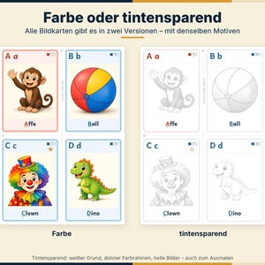 K&ouml;nnte beinhalten: Ein Set aus Lernkarten mit den Buchstaben A bis D, illustriert mit einem Affen, einem Ball, einem Clown und einem Dinosaurier. Die Karten sind in zwei Versionen dargestellt: eine farbige Variante und eine schwarz-wei&szlig;e Umriss-Variante.