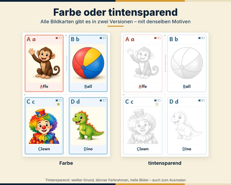 K&ouml;nnte beinhalten: Ein Set aus Lernkarten mit den Buchstaben A bis D, illustriert mit einem Affen, einem Ball, einem Clown und einem Dinosaurier. Die Karten sind in zwei Versionen dargestellt: eine farbige Variante und eine schwarz-wei&szlig;e Umriss-Variante.